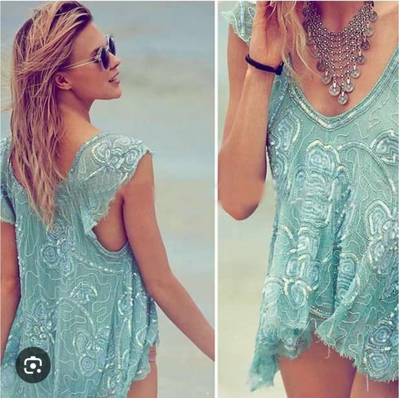 FREE PEOPLE Titan's Treasure Boho Angel Mint Green Embellished Tunic NWOT RARE - Picture 6 of 16